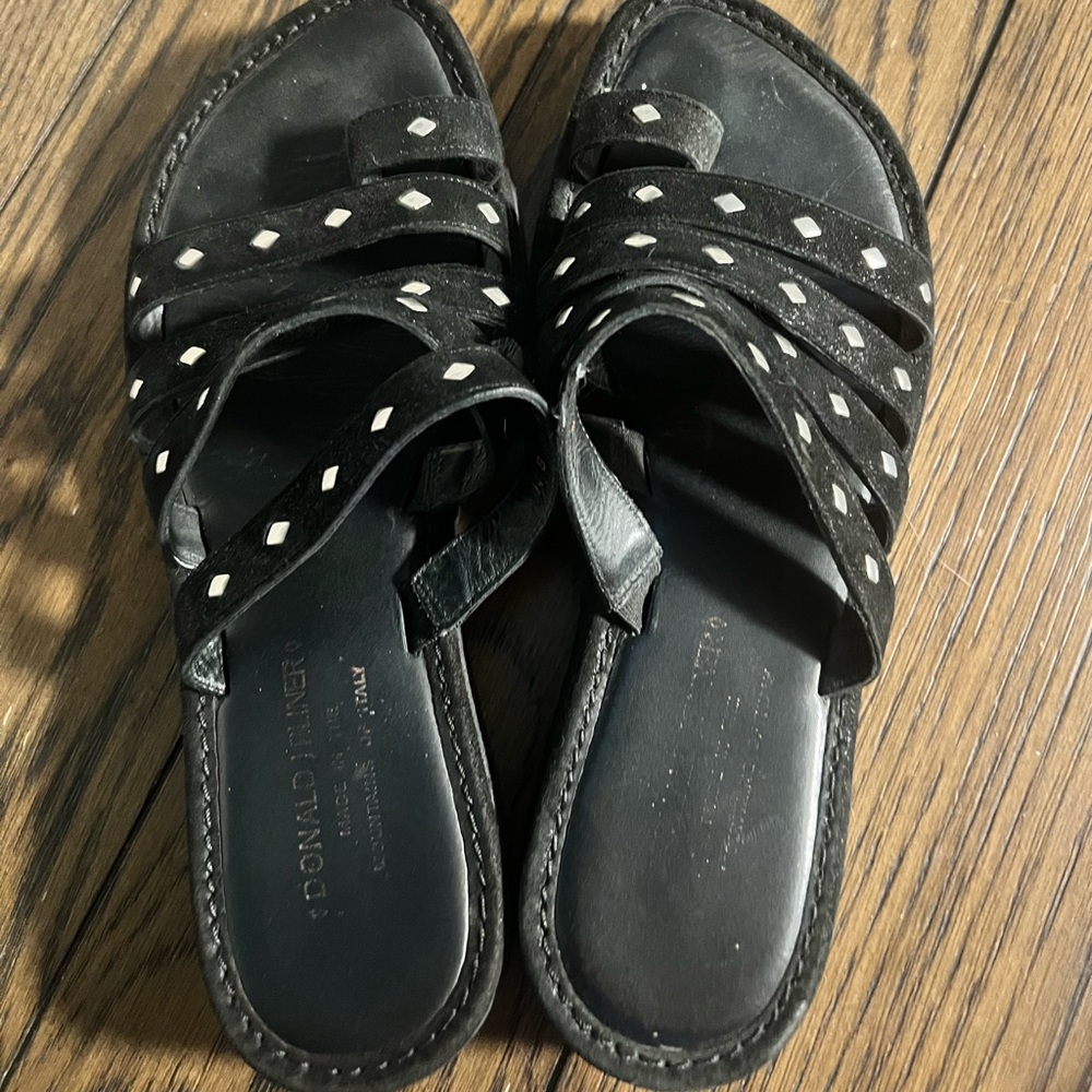 Donald Pliner black side sandal with silver studs. 8